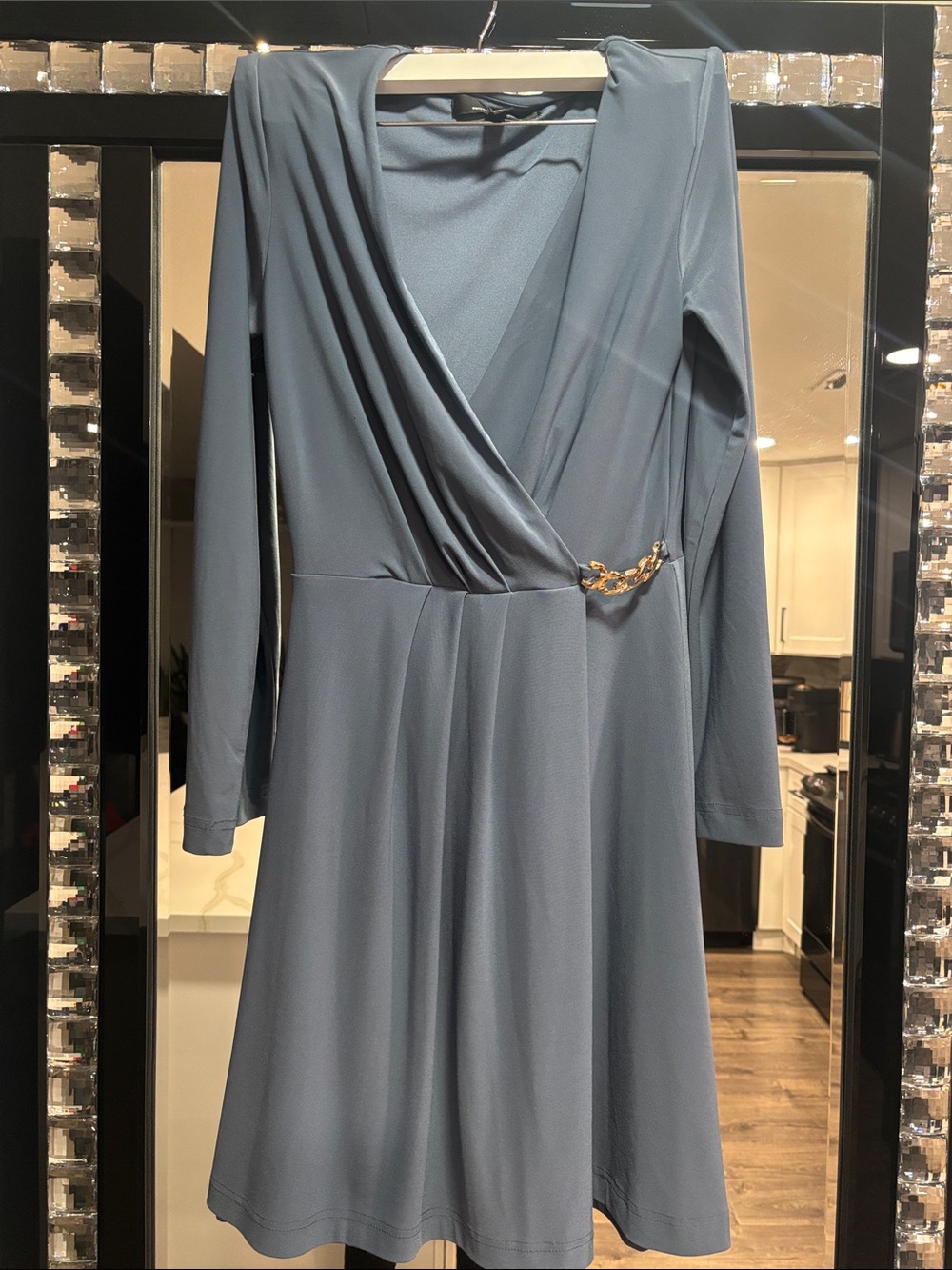 White House Black Market Slate Blue Long-Sleeve Wrap Dress with Chain Detail